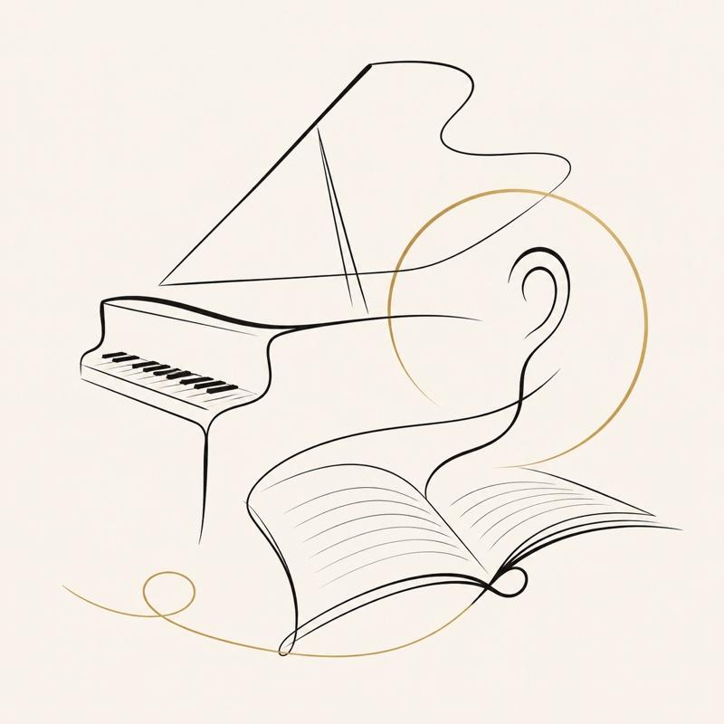 Abstract line drawing of a grand piano, open score, and listening motif